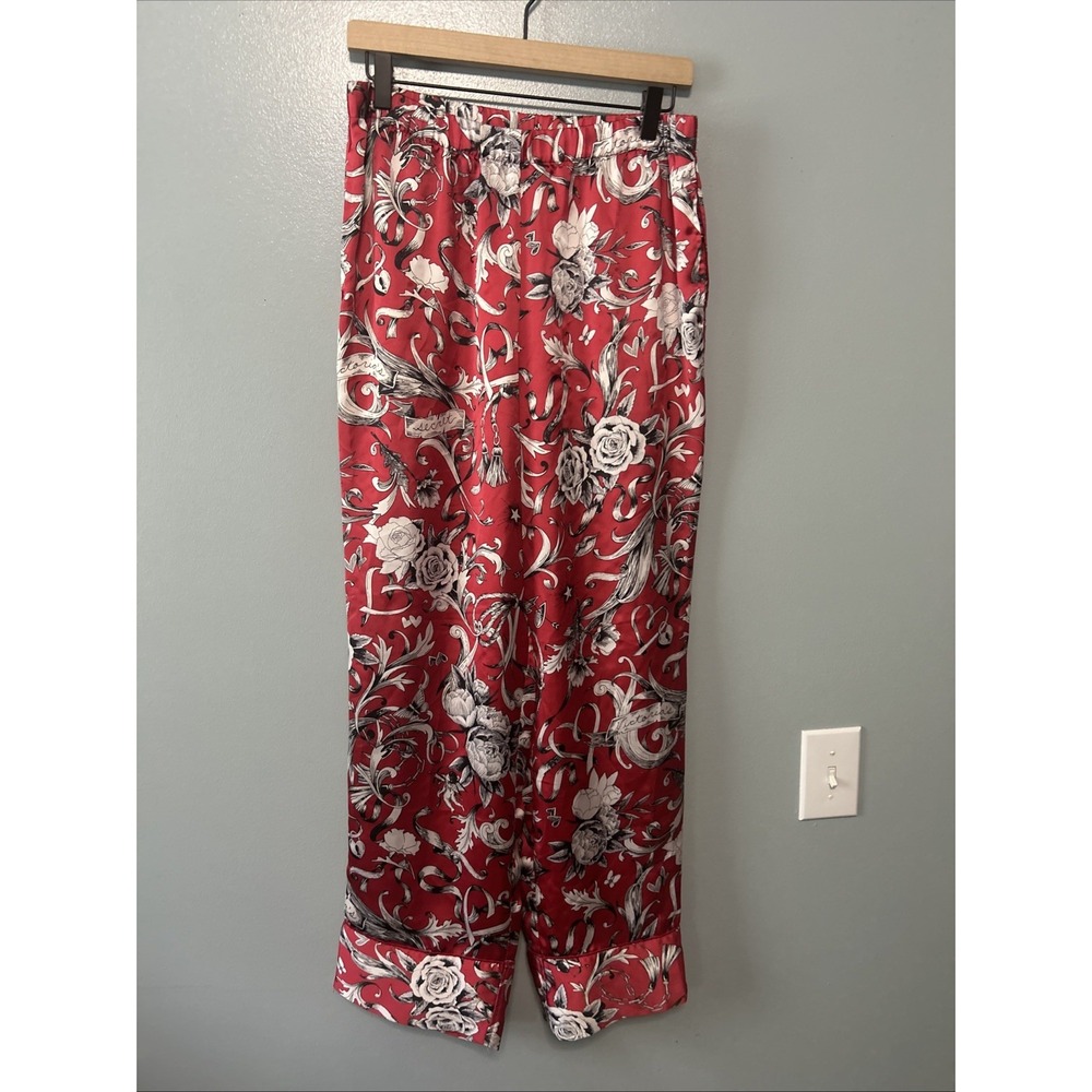 Victoria's Secret Red Satin Logo Pajama Lounge Pants Floral Hearts Size Medium